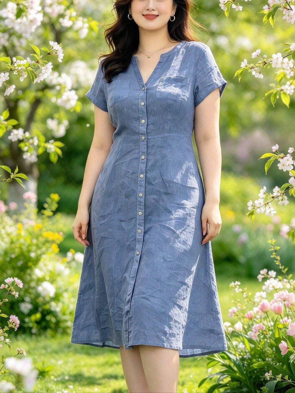 Talbots Petite light blue 100% linen button-front midi Dress Size 2P